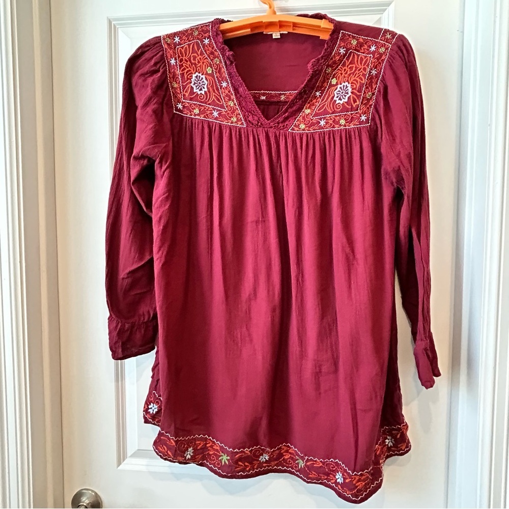 Umgee Maroon V Neck  Tunic Dress Embroidered Bodice Arms Hem Boho Peasant